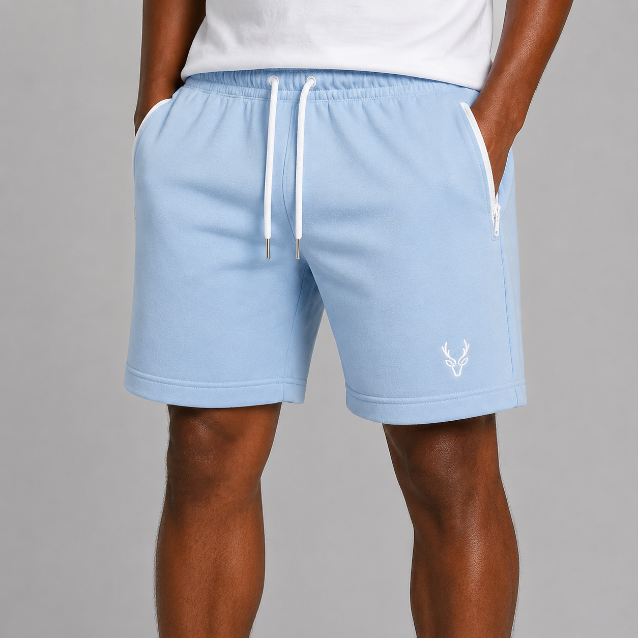 Men’s sky blue lightweight shorts with drawstring waist and zip pockets – men’s summer athleisure wear