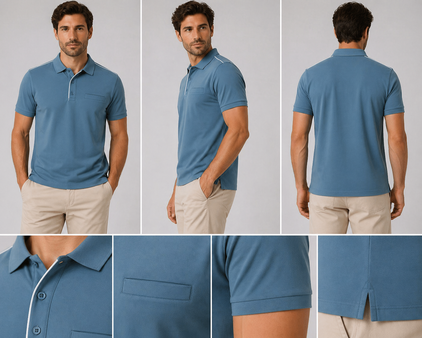 Men’s airforce blue piped polo shirt with chest pocket front view