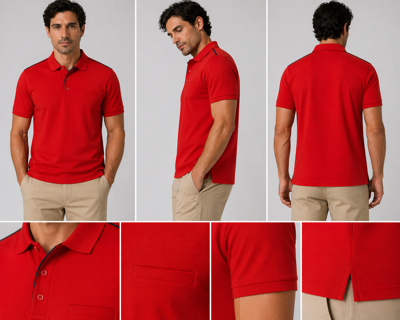 Men’s red piped polo shirt with chest pocket front view