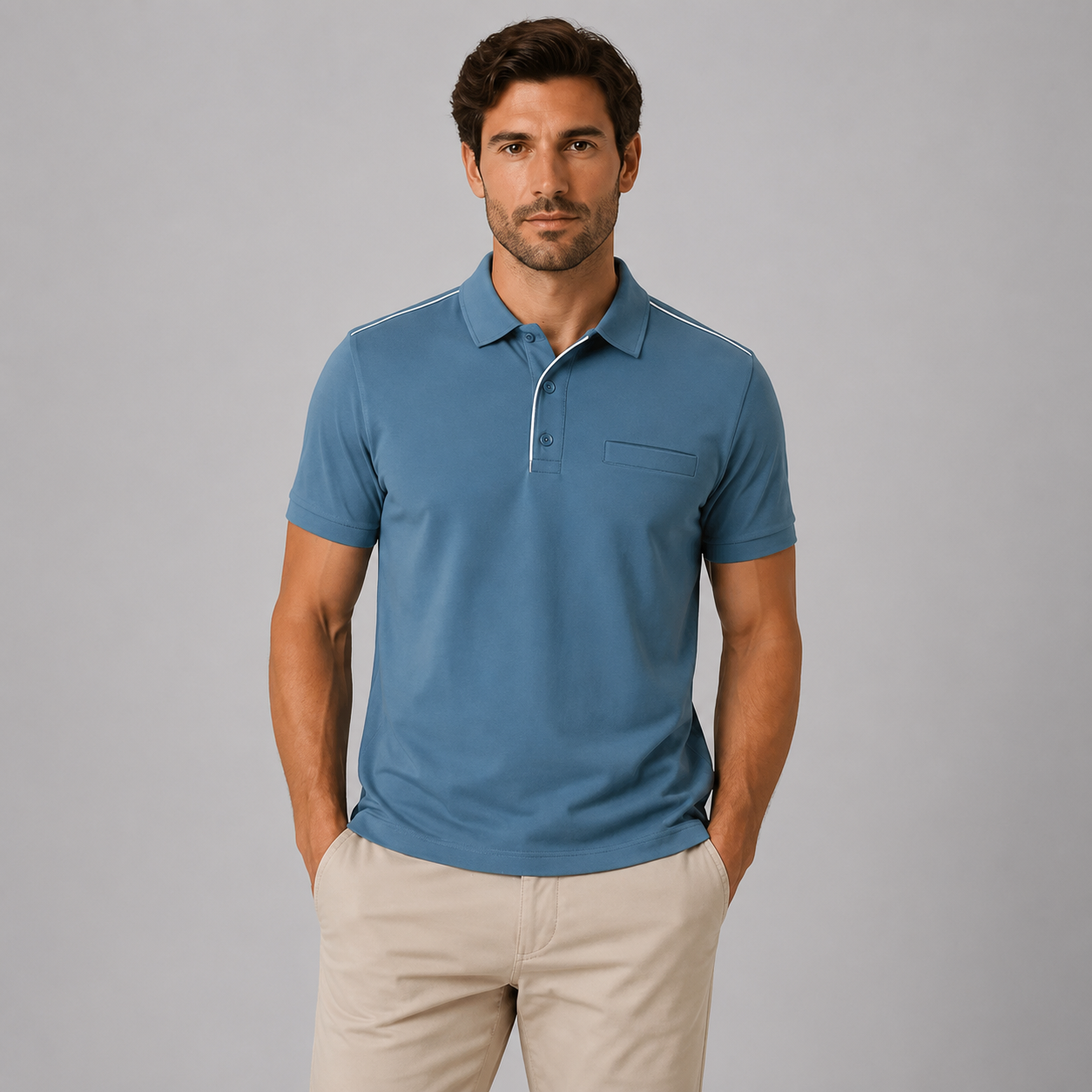 Men’s airforce blue piped polo shirt with chest pocket front view
