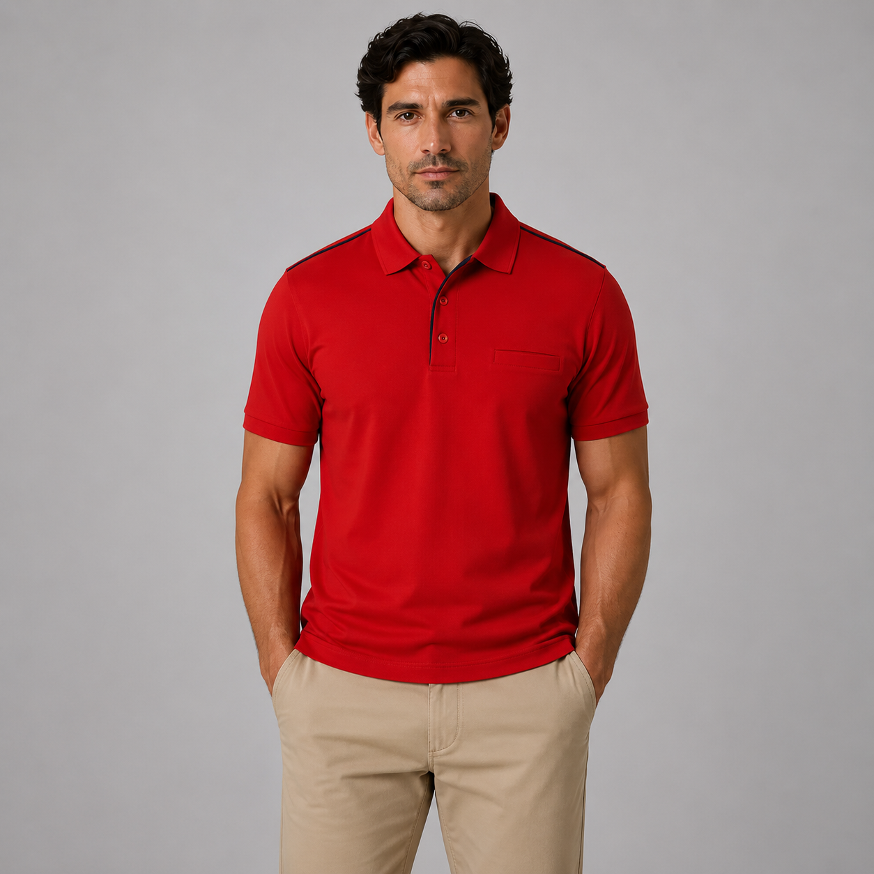 Men’s red piped polo shirt with chest pocket front view