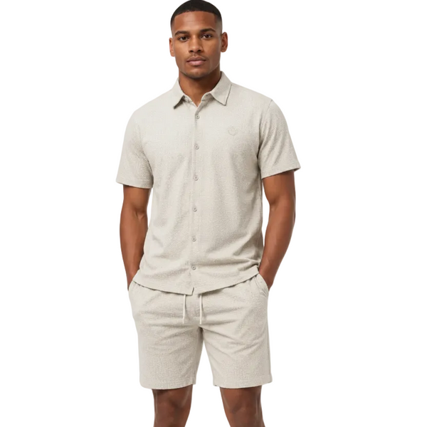 Mens JDN Comfort Shirt And Shorts Set (Beige)