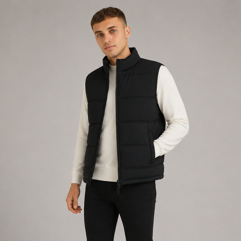 Men's padded bodywarmer in black with quilted design and high collar