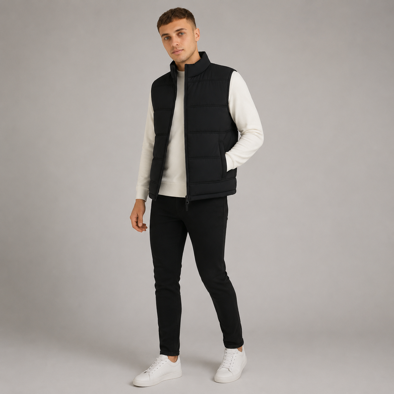 Men's padded bodywarmer in black with quilted design and high collar