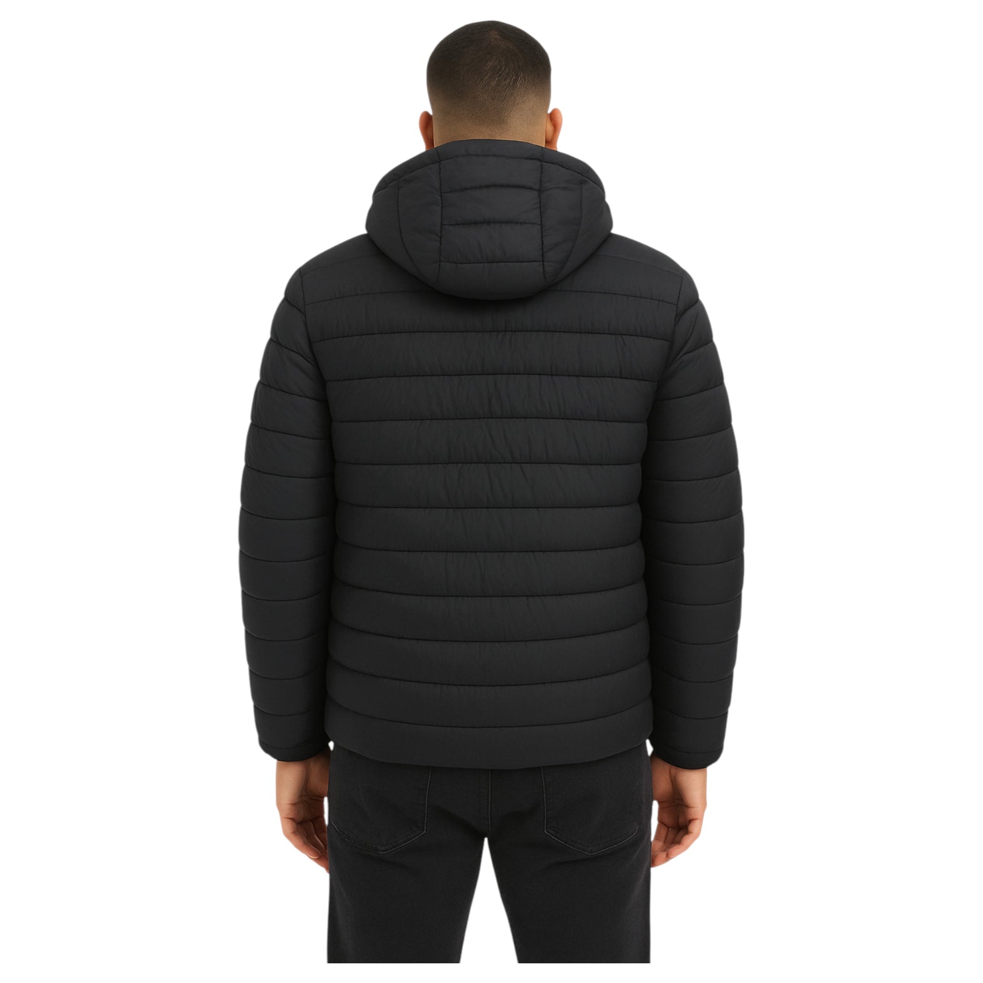 JDN men’s black puffer coat with detachable hood and zip pockets UK winter jacket