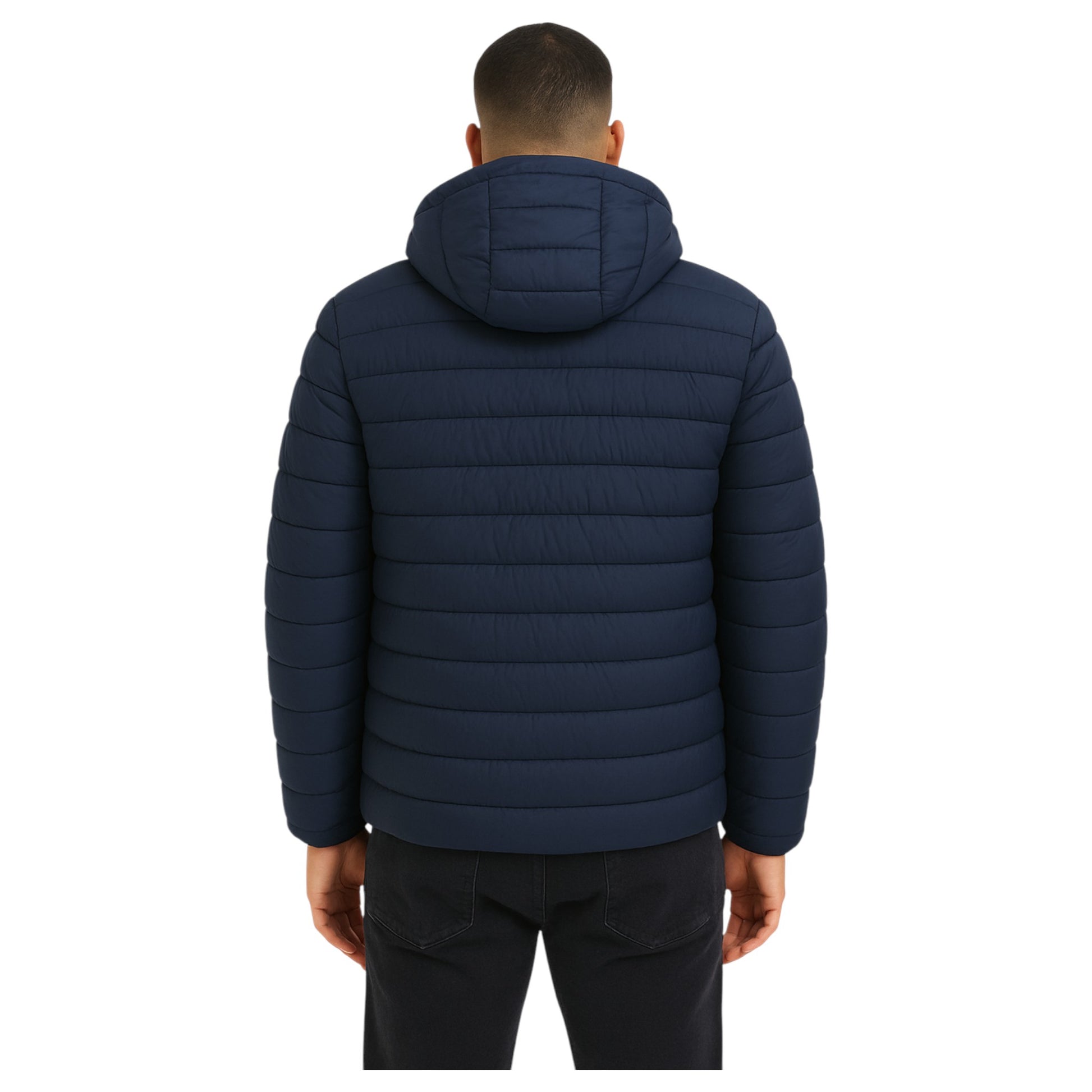 JDN men’s navy puffer coat with detachable hood and zip pockets UK winter jacket