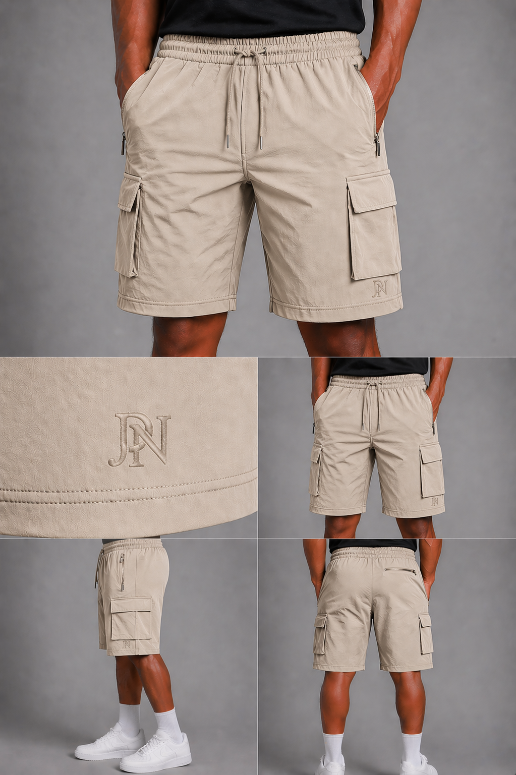 Men’s beige cargo shorts with elastic waistband and multiple pockets, lightweight casual summer shorts