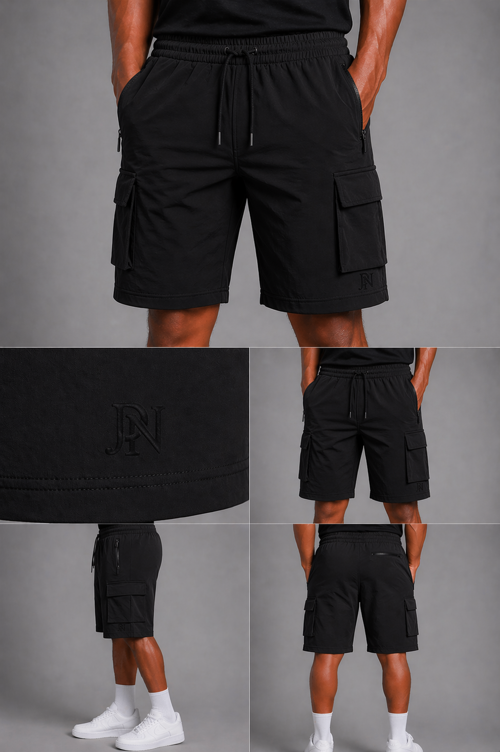 Men’s black cargo shorts with drawstring waist and utility pockets, modern streetwear shorts