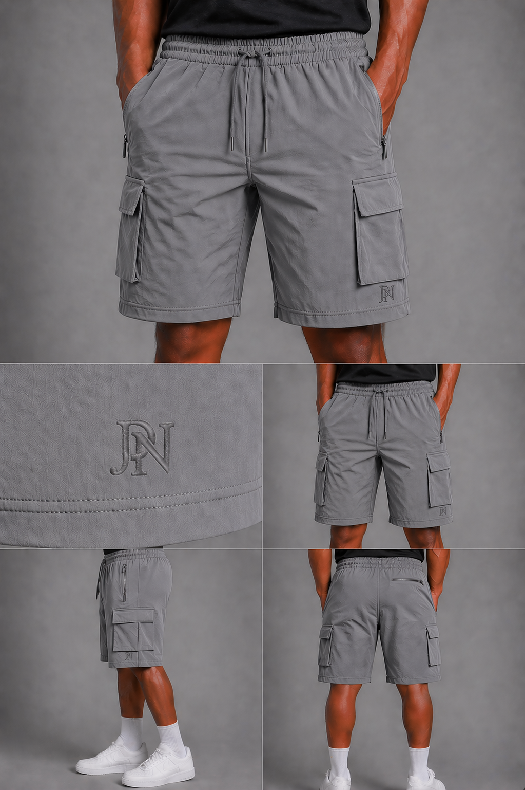 Men’s grey cargo shorts with elastic waist and side cargo pockets, breathable everyday shorts