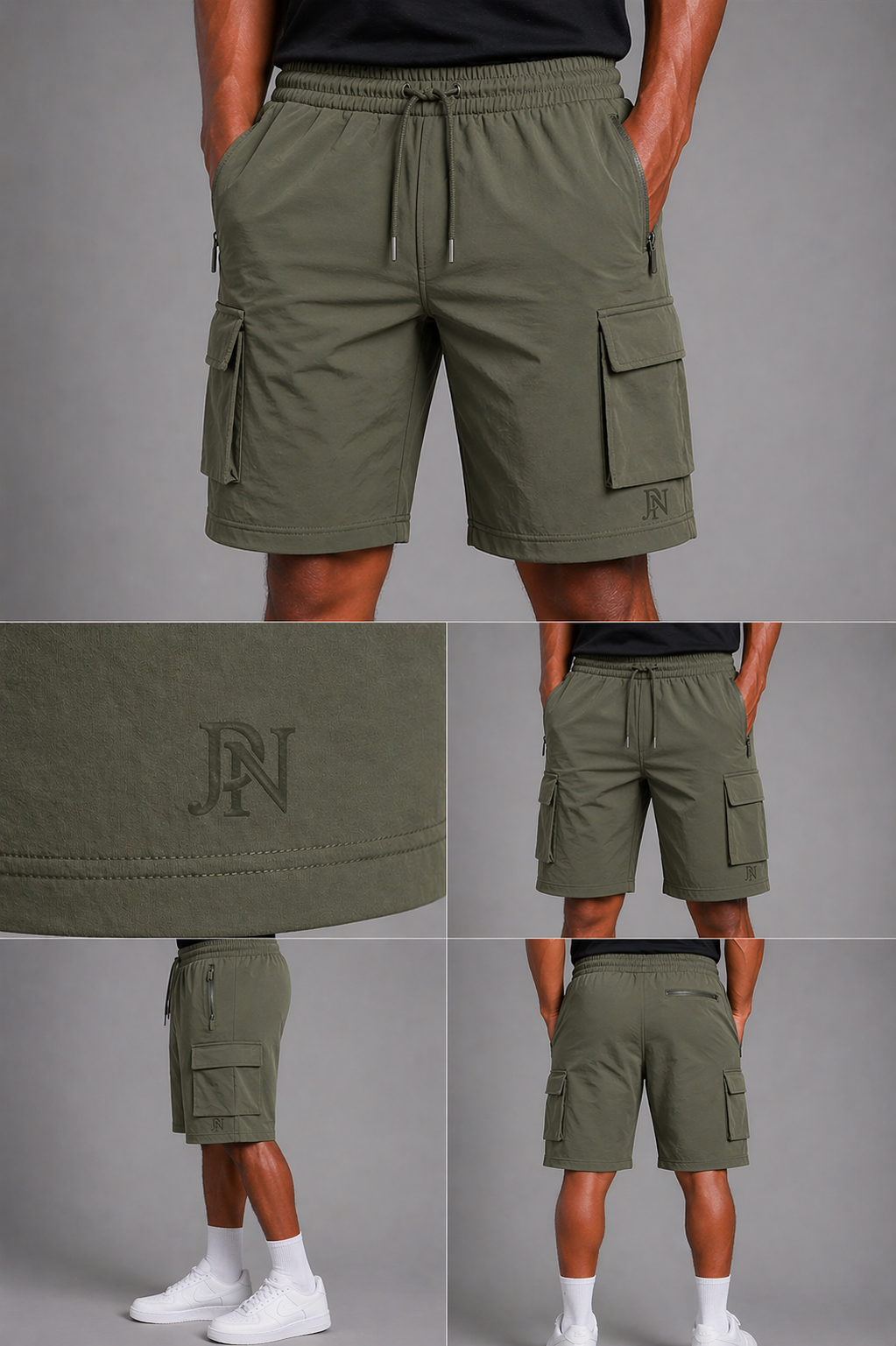 Men’s khaki cargo shorts with drawstring and multi-pocket design, versatile casual summer wear