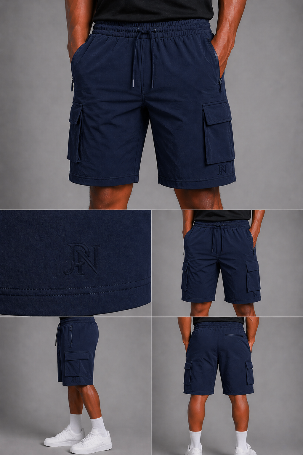Men’s navy cargo shorts with elastic waistband and utility pockets, stylish lightweight shorts