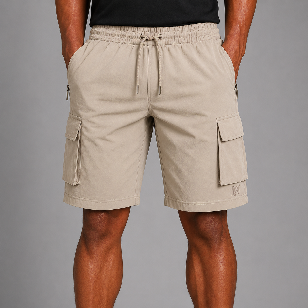 Men’s beige cargo shorts with elastic waistband and multiple pockets, lightweight casual summer shorts