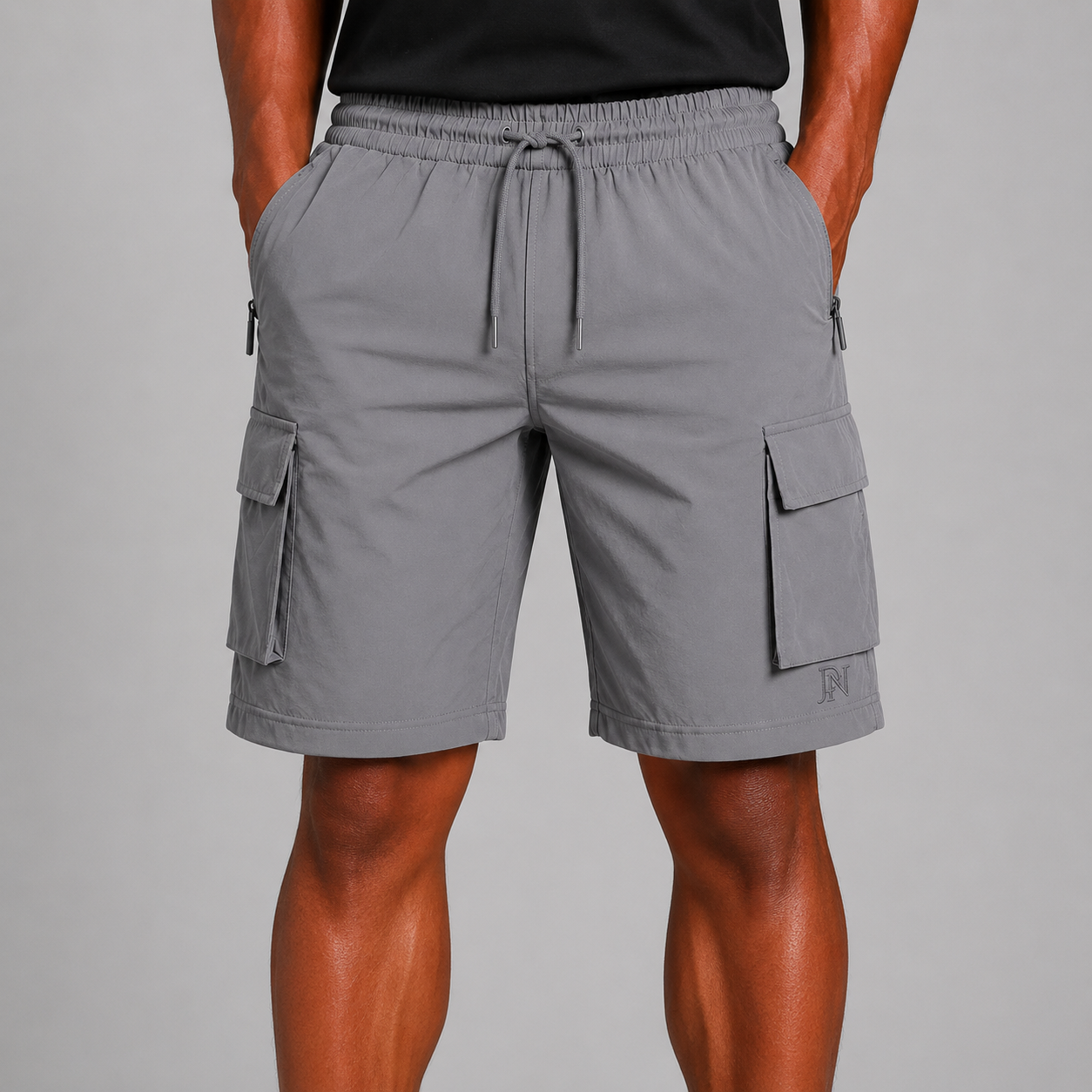 Men’s grey cargo shorts with elastic waist and side cargo pockets, breathable everyday shorts