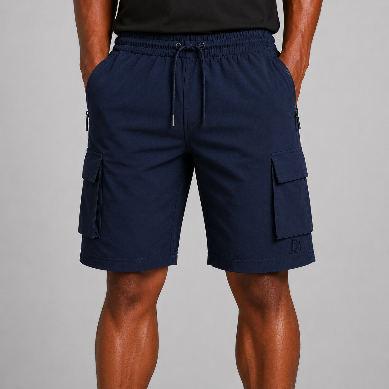 Men’s navy cargo shorts with elastic waistband and utility pockets, stylish lightweight shorts