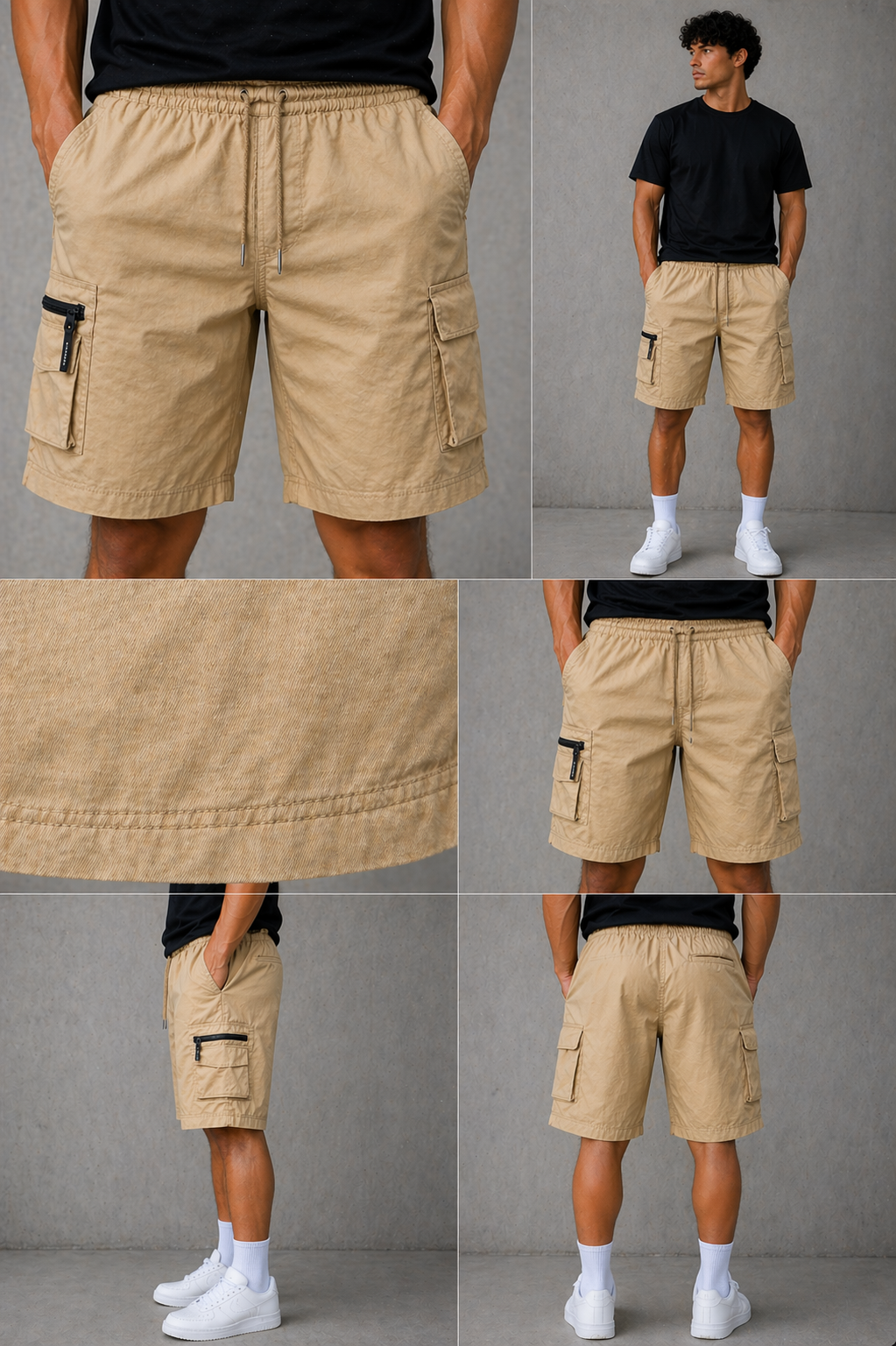 Beige men's cargo shorts with elastic waistband and drawstring, lightweight casual summer shorts with side pockets