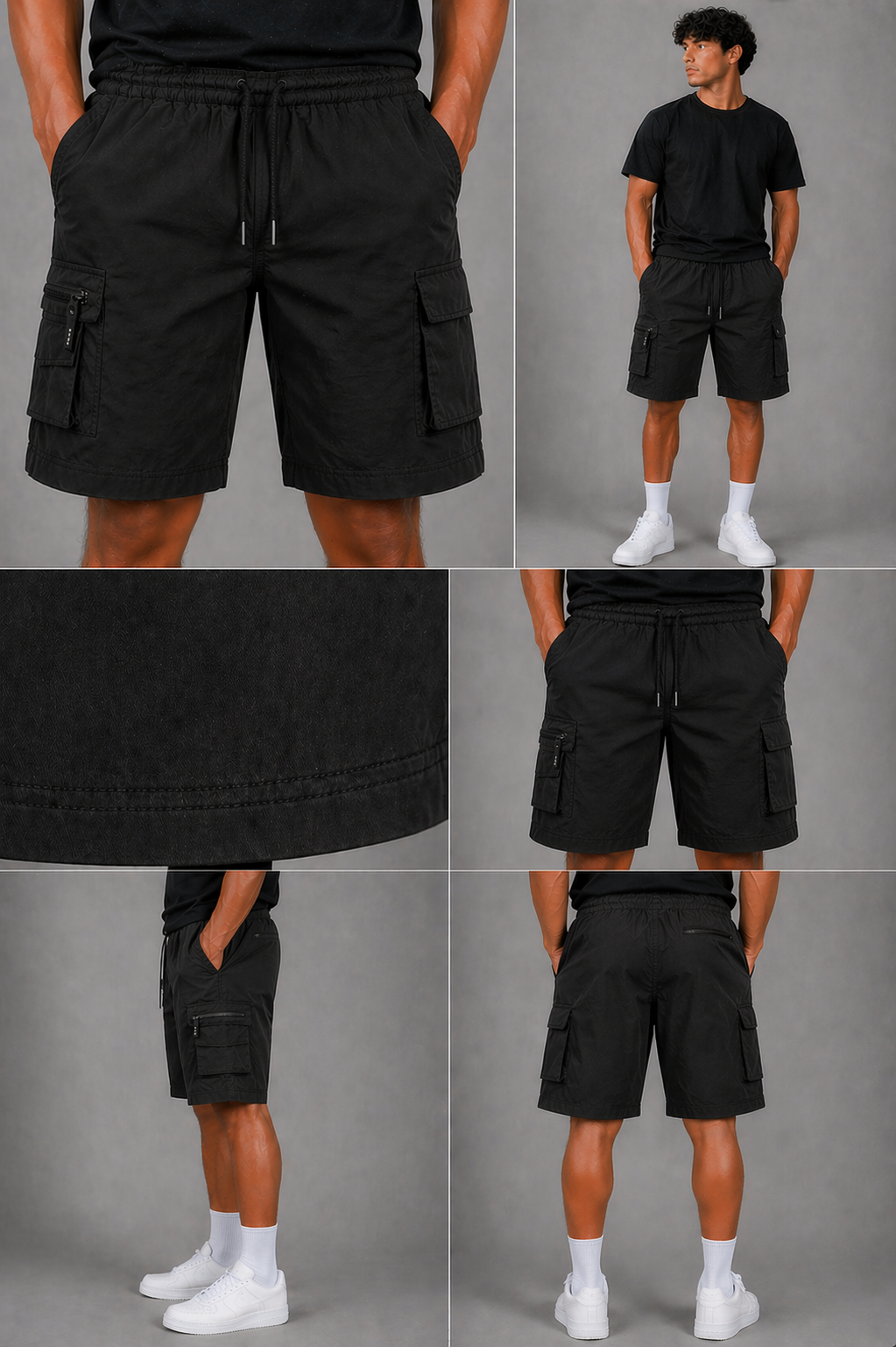 Black men's cargo shorts with elastic waistband and drawstring, casual utility shorts with zip pocket detail