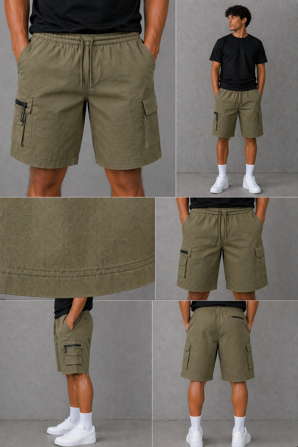 Khaki men's cargo shorts with elastic waist and drawstring, relaxed fit utility shorts with cargo pockets