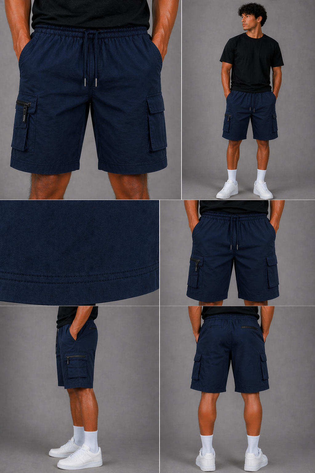 Navy blue men's cargo shorts with elastic waistband and drawstring, lightweight casual shorts with side cargo pockets