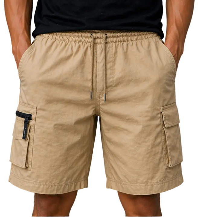 Beige men's cargo shorts with elastic waistband and drawstring, lightweight casual summer shorts with side pockets