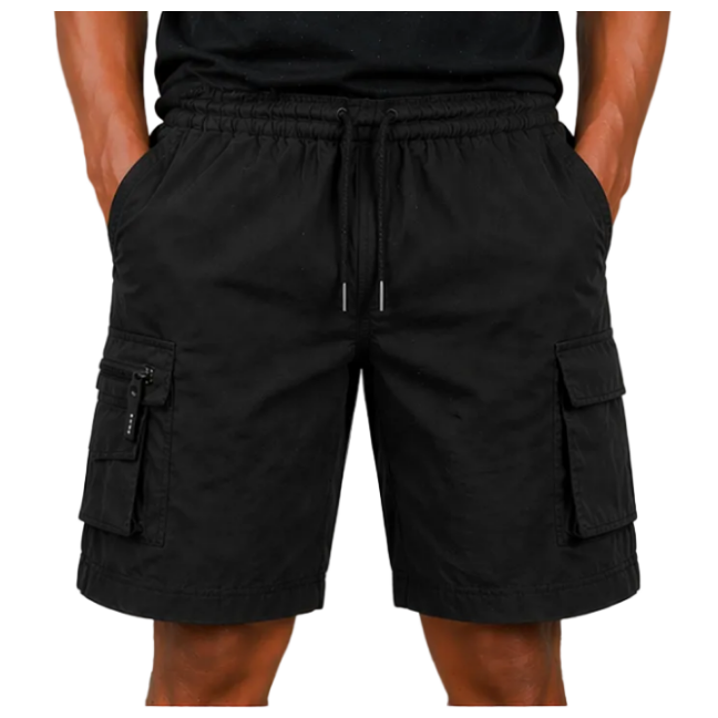 Black men's cargo shorts with elastic waistband and drawstring, casual utility shorts with zip pocket detail