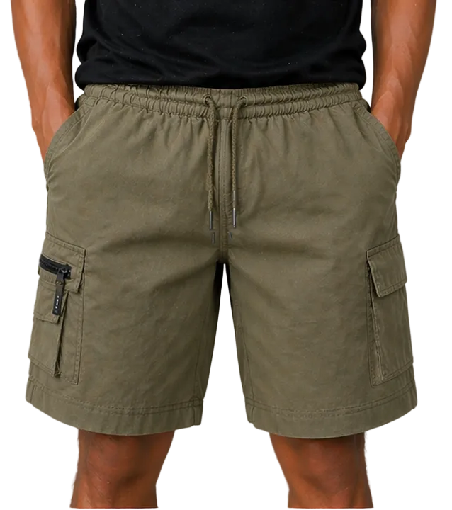 Khaki men's cargo shorts with elastic waist and drawstring, relaxed fit utility shorts with cargo pockets