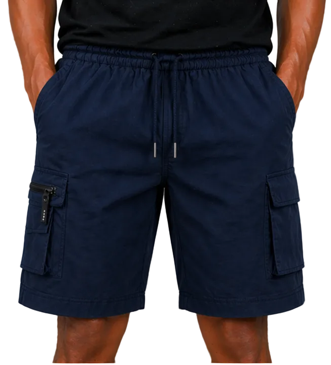 Navy blue men's cargo shorts with elastic waistband and drawstring, lightweight casual shorts with side cargo pockets