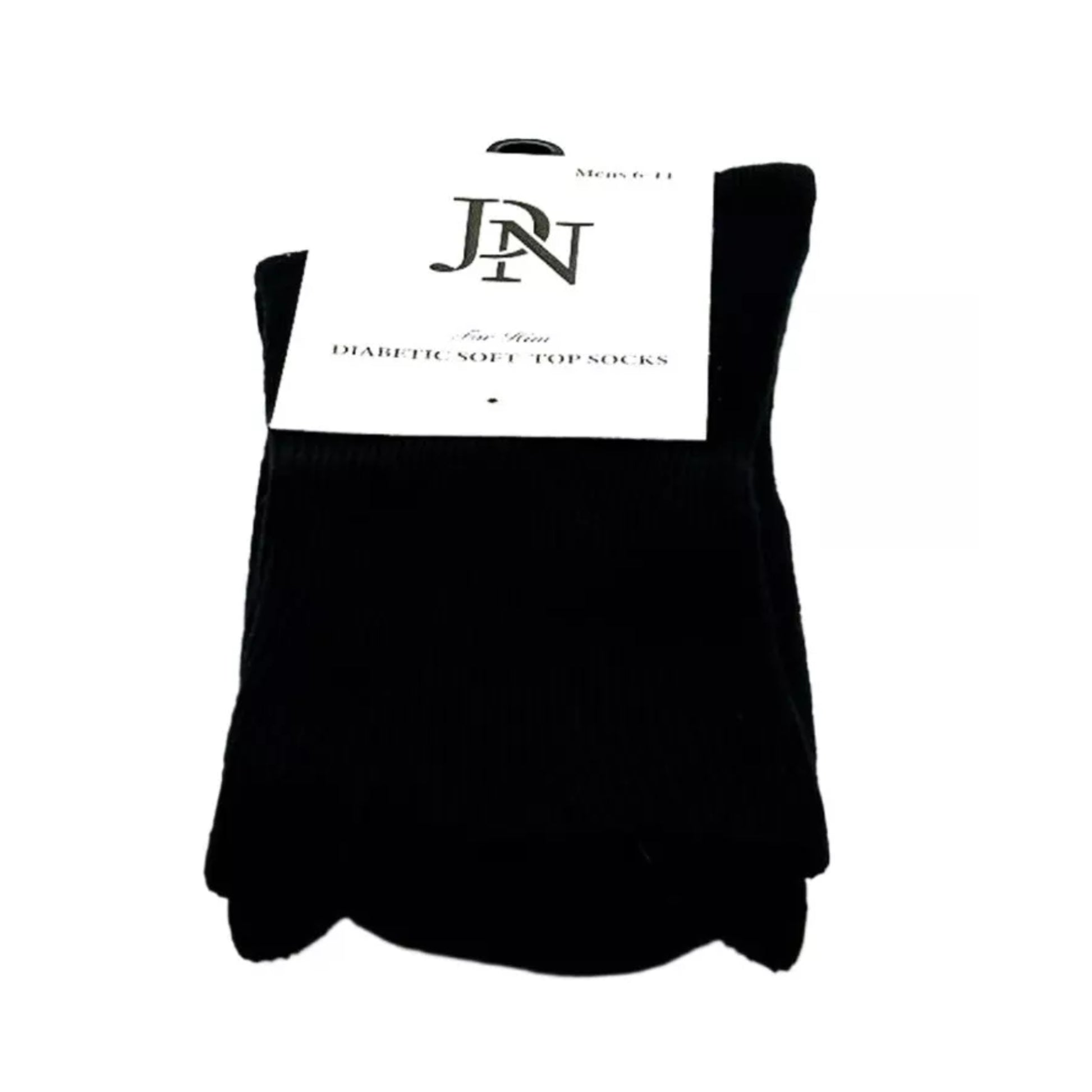 Mens JDN branded black diabetic socks with non-elastic soft top for comfort and circulation support