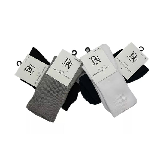 Mens JDN branded black, grey, navy and white diabetic socks with non-elastic soft top for comfort and circulation support