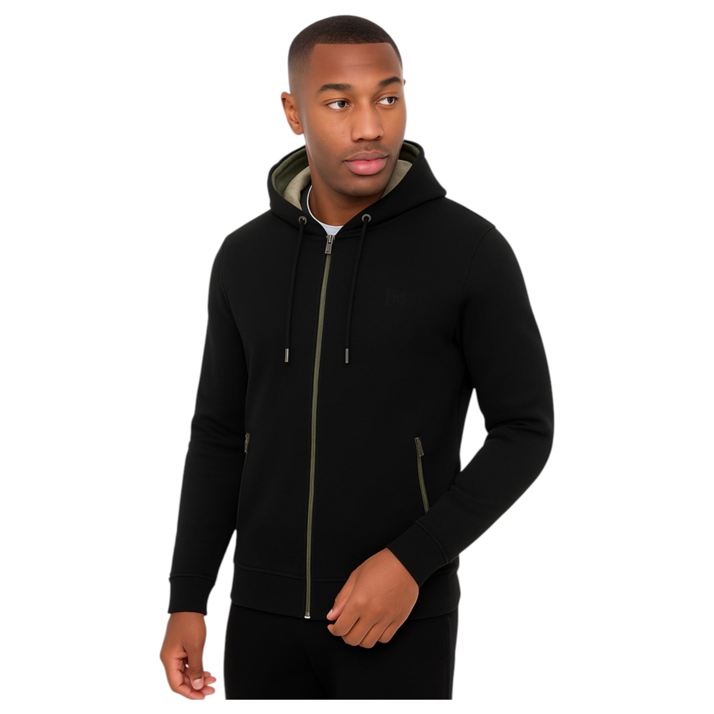 Men's JDN full zip hoodie in black with drawstring hood and side zip pockets 