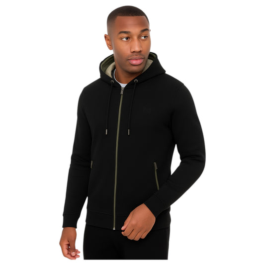 Men's JDN full zip hoodie in black with drawstring hood and side zip pockets 