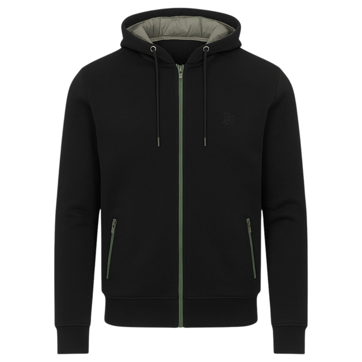 Men's JDN full zip hoodie in black with drawstring hood and side zip pockets 