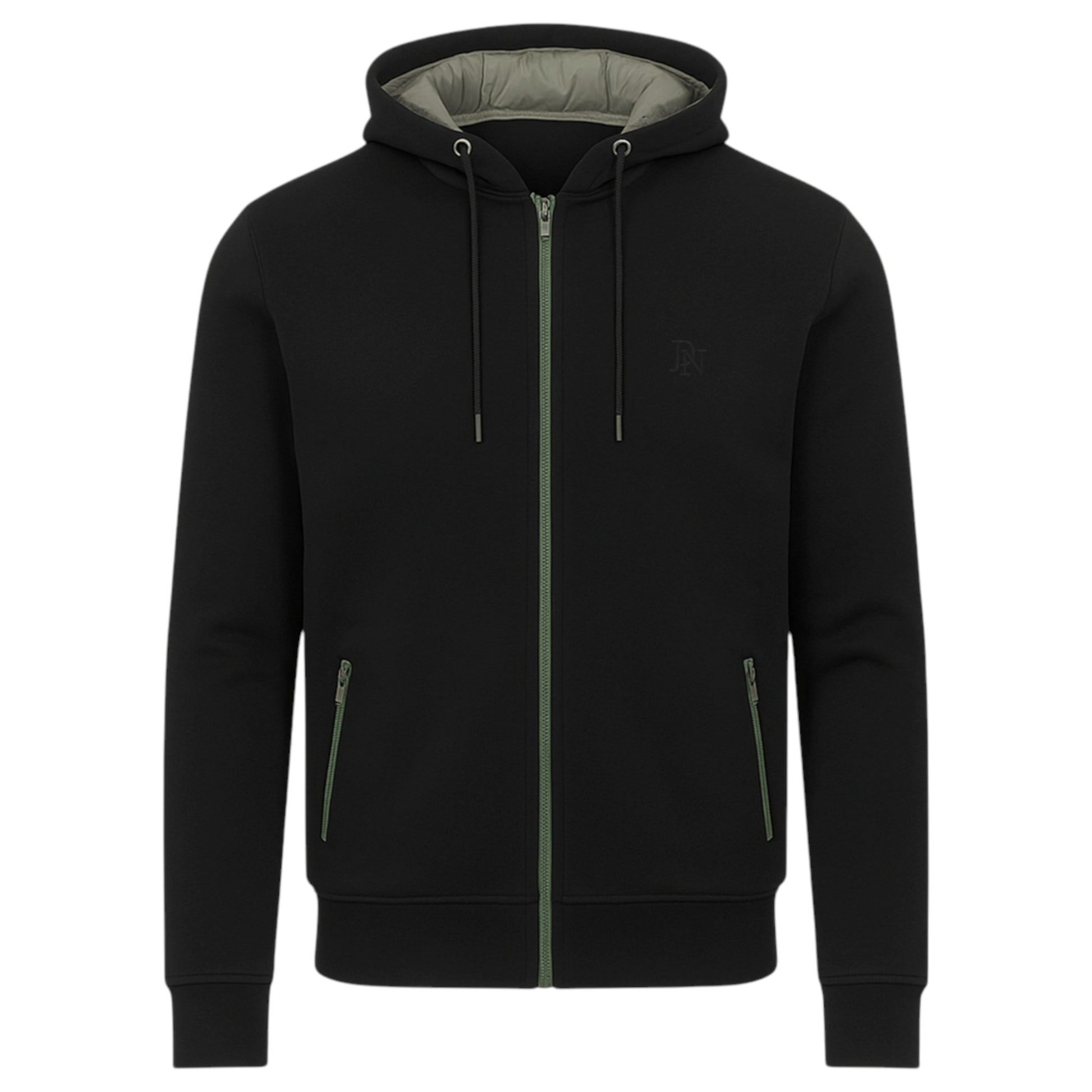 Men's JDN full zip hoodie in black with drawstring hood and side zip pockets 