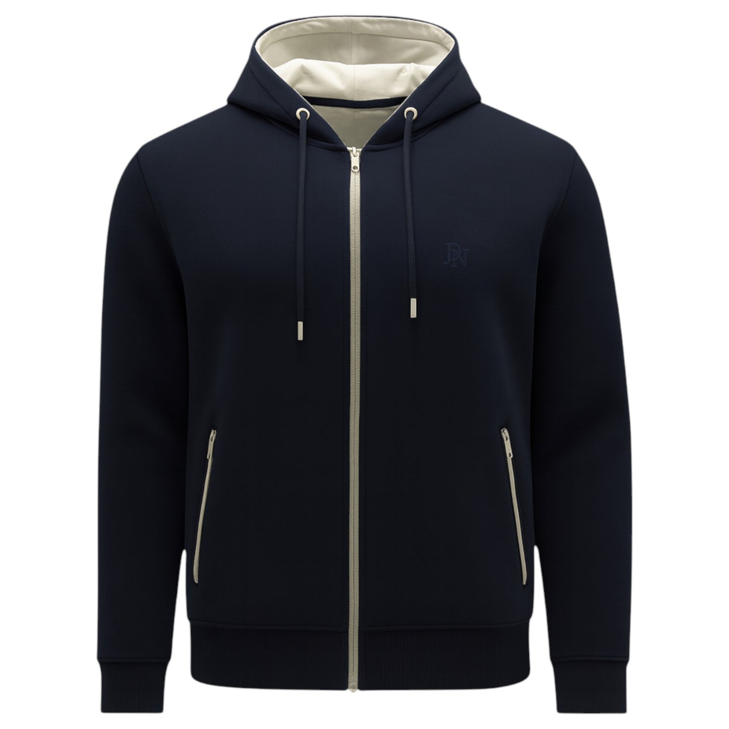 Men's JDN full zip hoodie in navy blue blue with drawstring hood and side zip pockets 