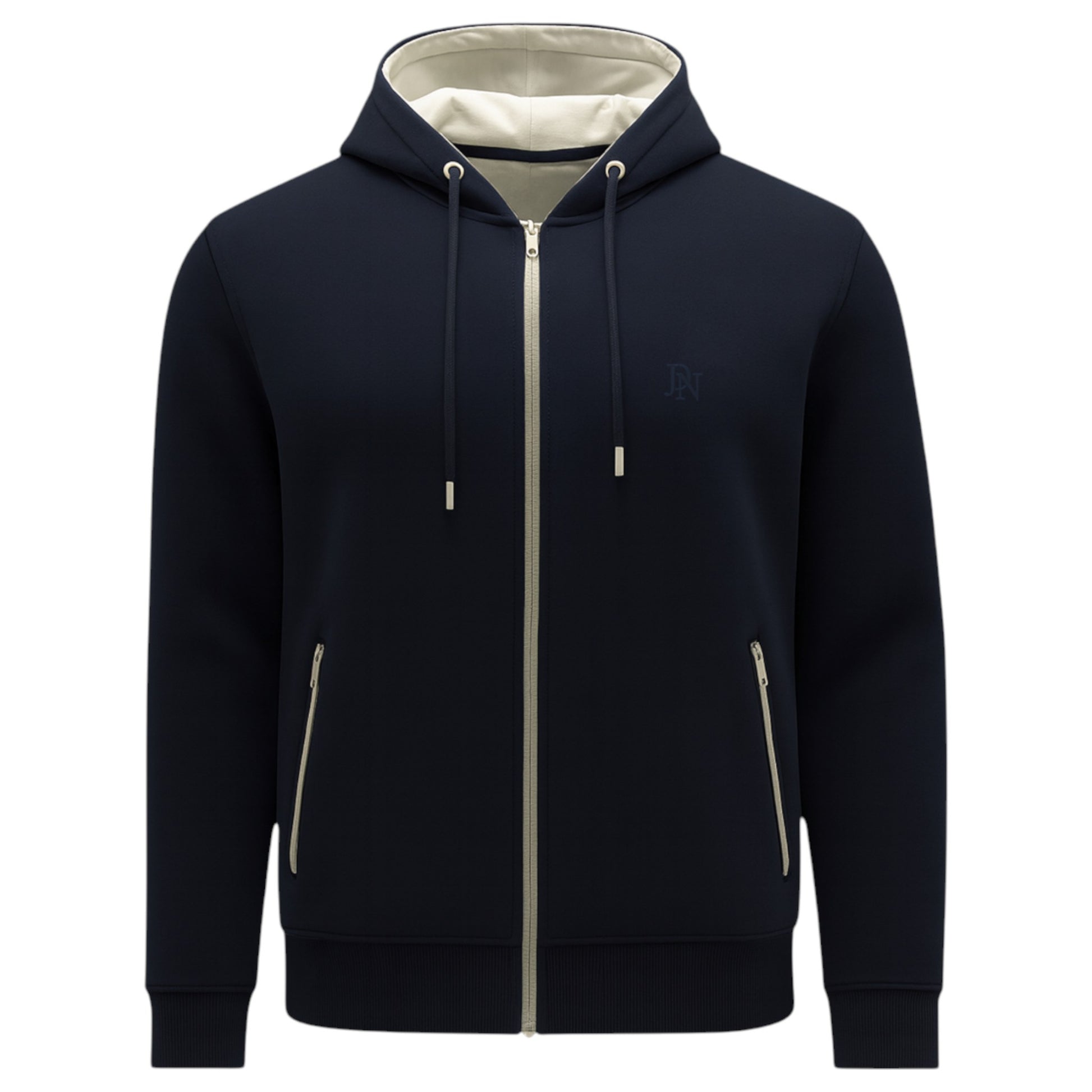 Men's JDN full zip hoodie in navy blue blue with drawstring hood and side zip pockets 