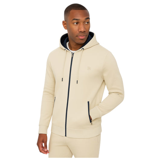Men's JDN full zip hoodie in stone with drawstring hood and side zip pockets 