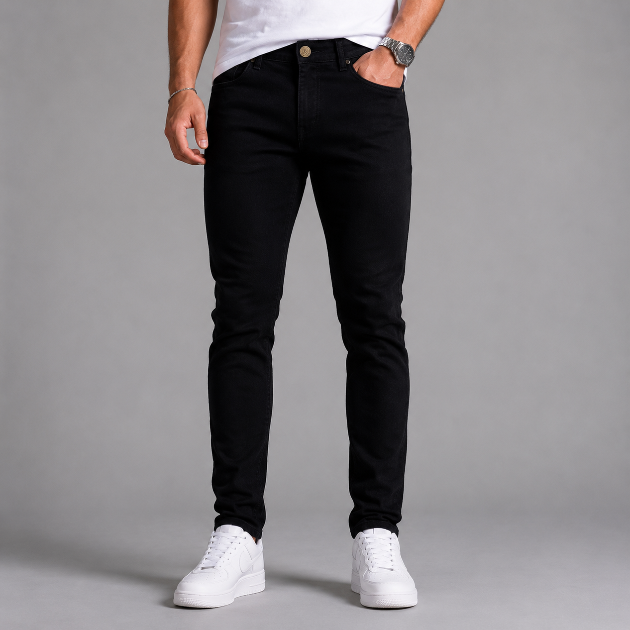 Men's JDN branded slim fit jeans in washed black denim with tapered leg and five-pocket design