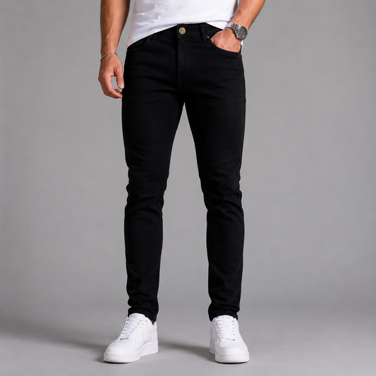 Men's JDN branded slim fit jeans in washed black denim with tapered leg and five-pocket design