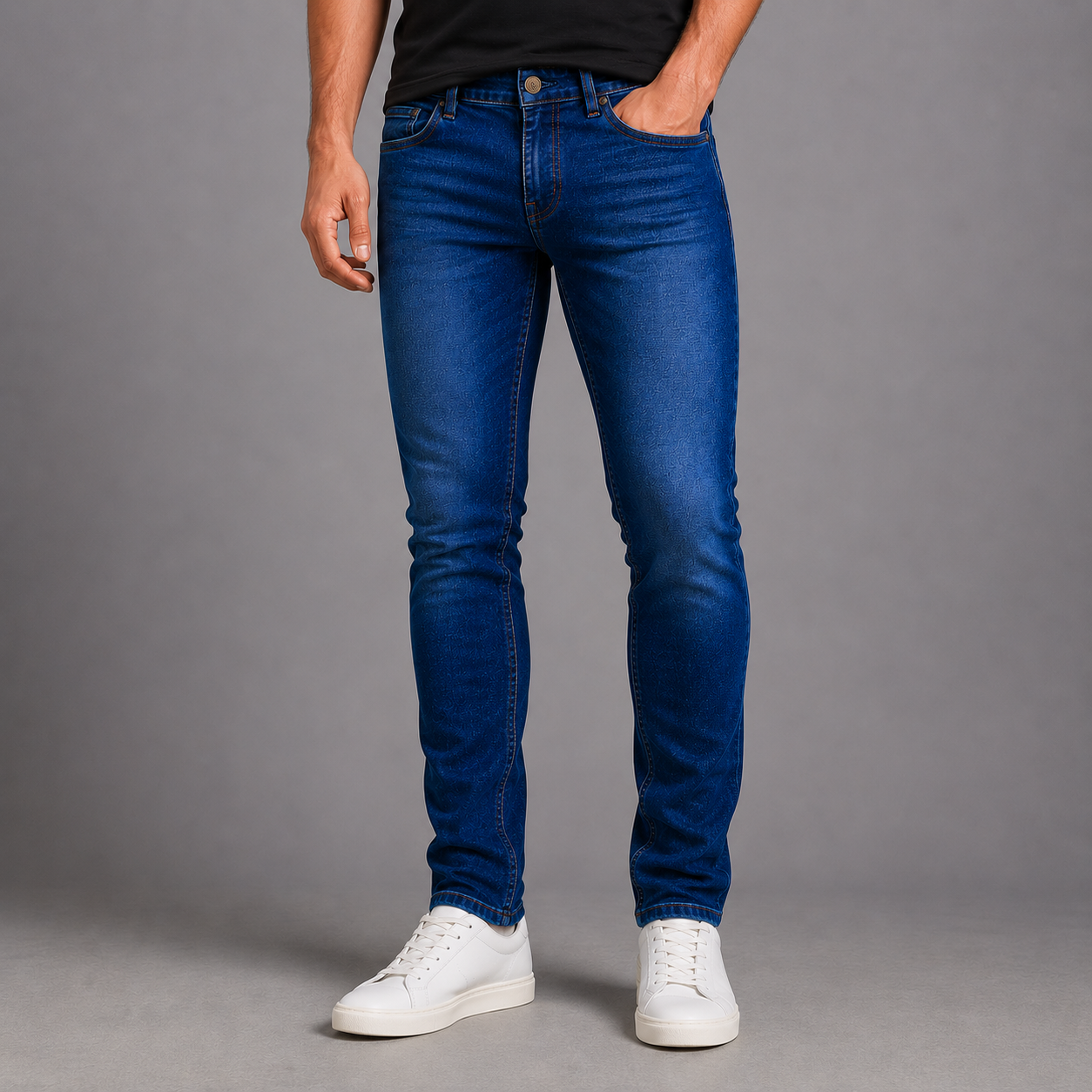 Men's JDN slim fit jeans in dark denim blue with classic five-pocket design and button fastening