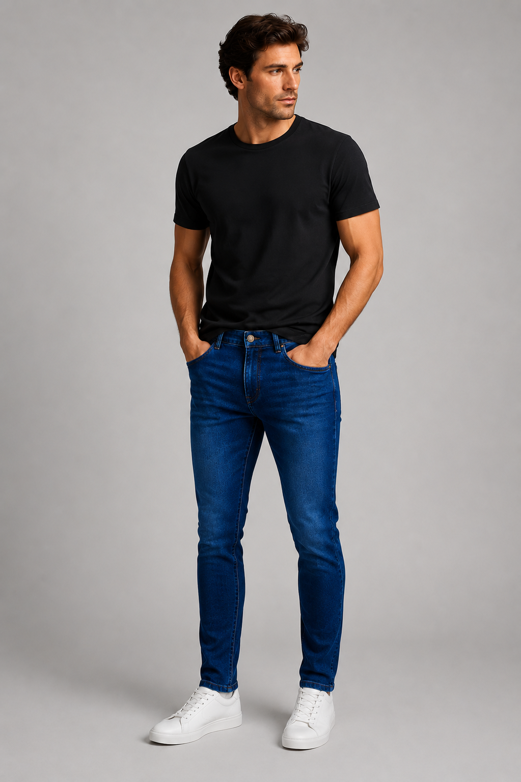 Men's JDN slim fit jeans in dark denim blue with classic five-pocket design and button fastening