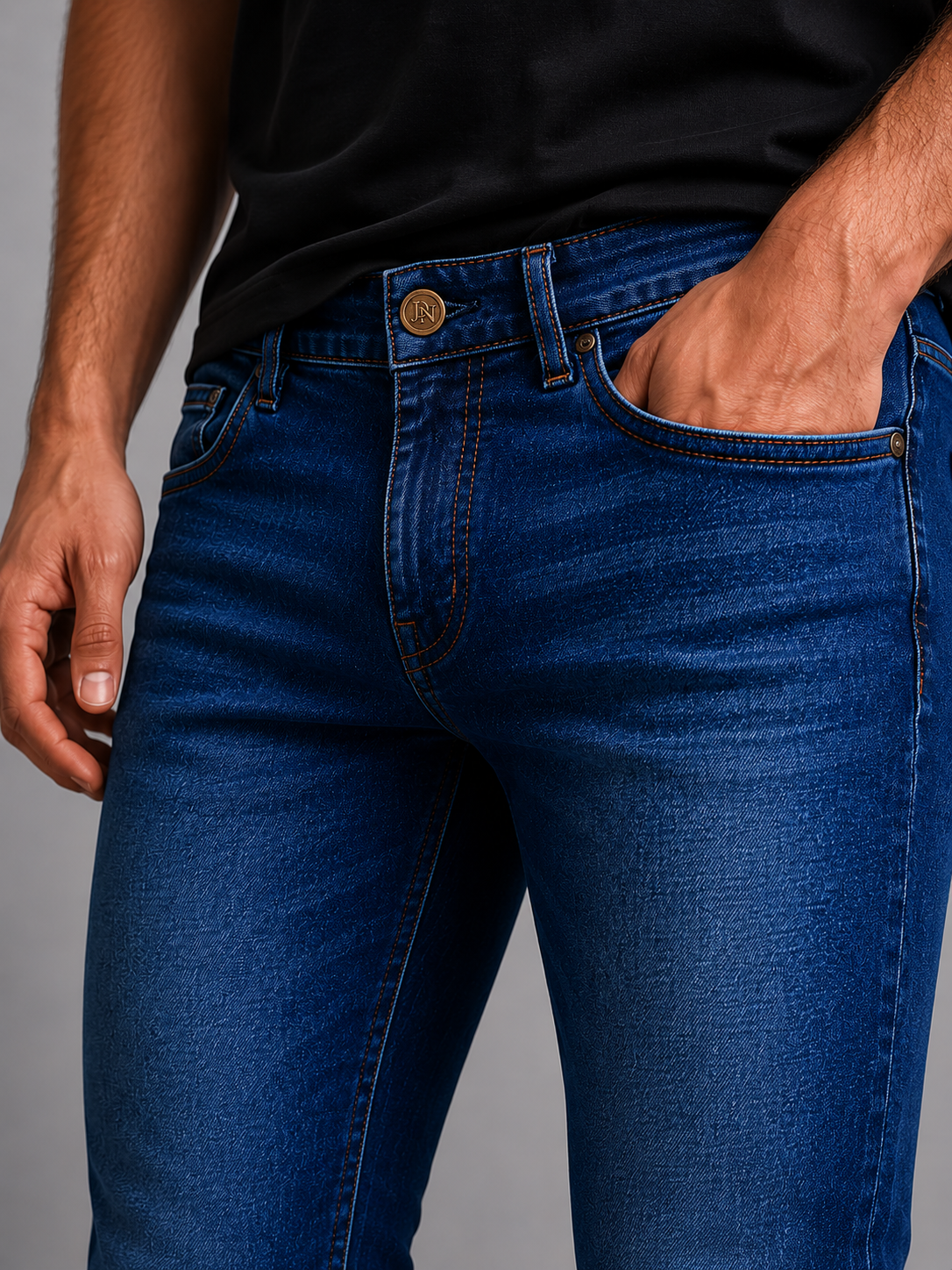 Men's JDN slim fit jeans in dark denim blue with classic five-pocket design and button fastening