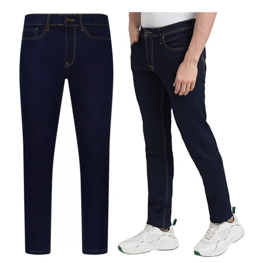 Men's JDN slim fit jeans in indigo blue with contrast stitching, classic five-pocket design