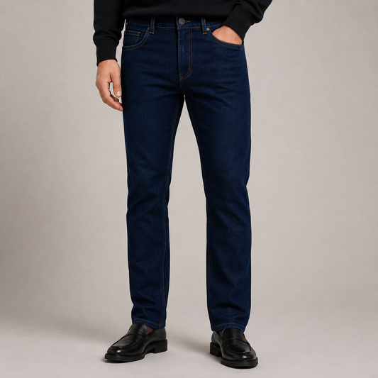 Men's JDN slim fit jeans in indigo blue with contrast stitching, classic five-pocket design