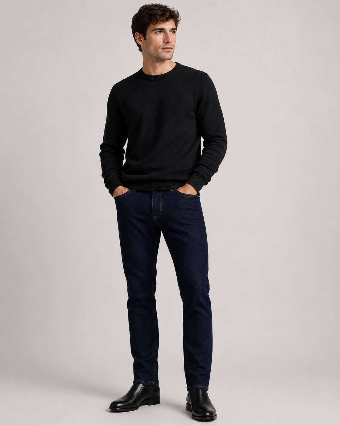 Men's JDN slim fit jeans in indigo blue with contrast stitching, classic five-pocket design