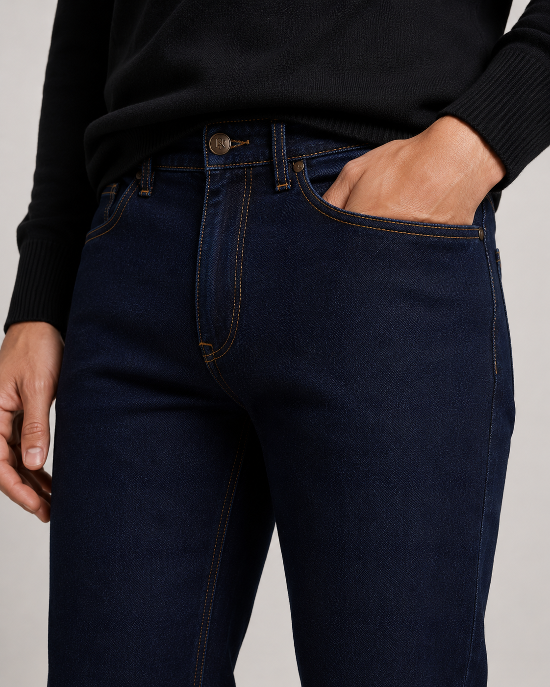 Men's JDN slim fit jeans in indigo blue with contrast stitching, classic five-pocket design