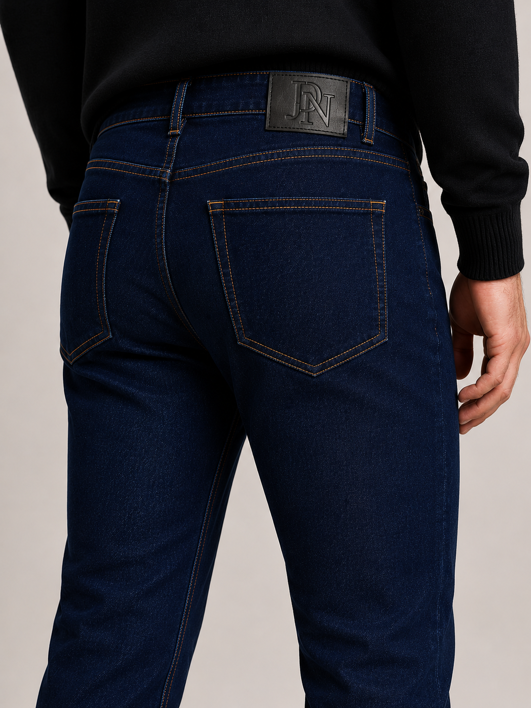 Men's JDN slim fit jeans in indigo blue with contrast stitching, classic five-pocket design