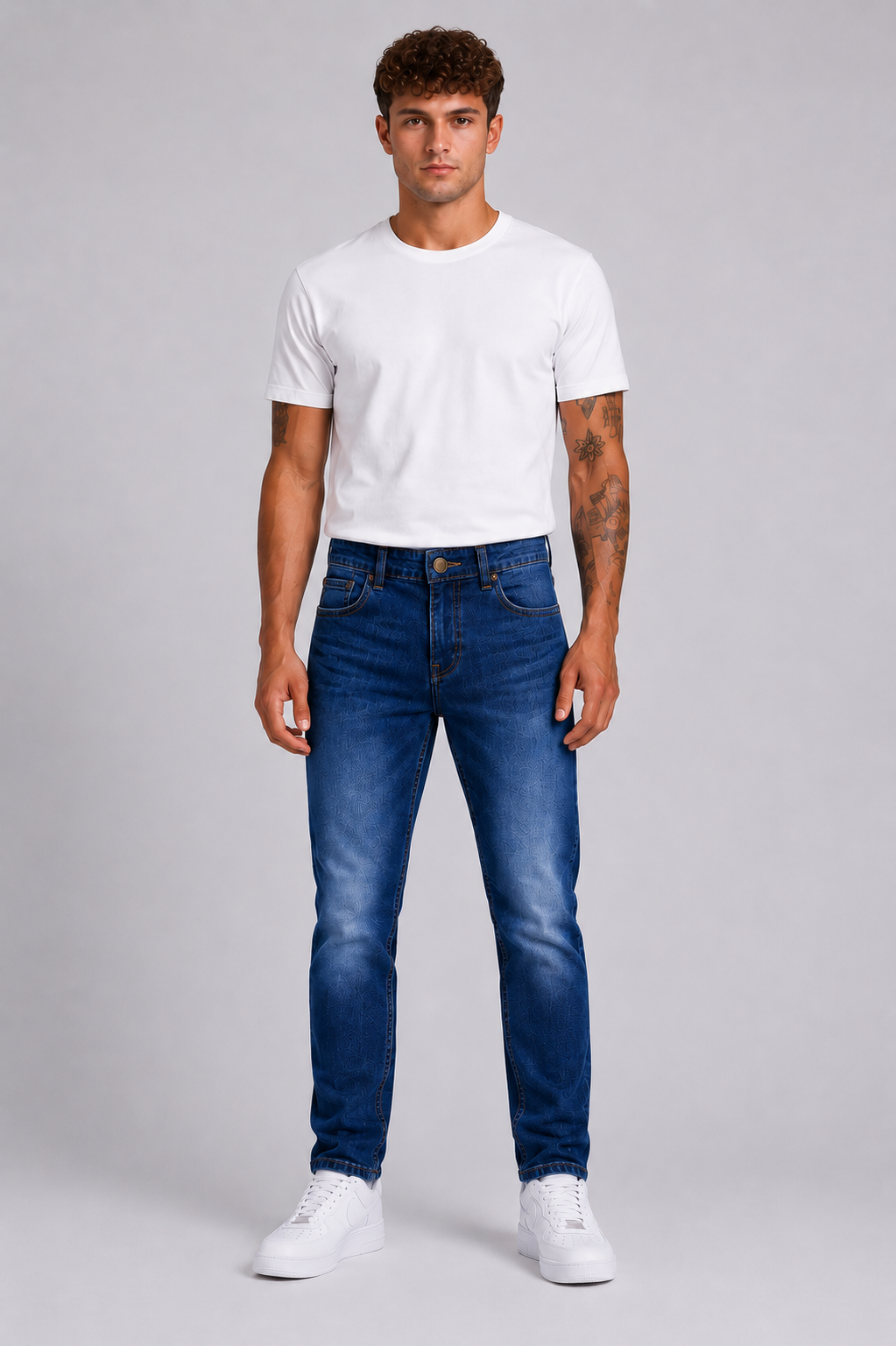 Men's JDN branded slim fit jeans in mid wash blue denim with tapered leg and five-pocket design