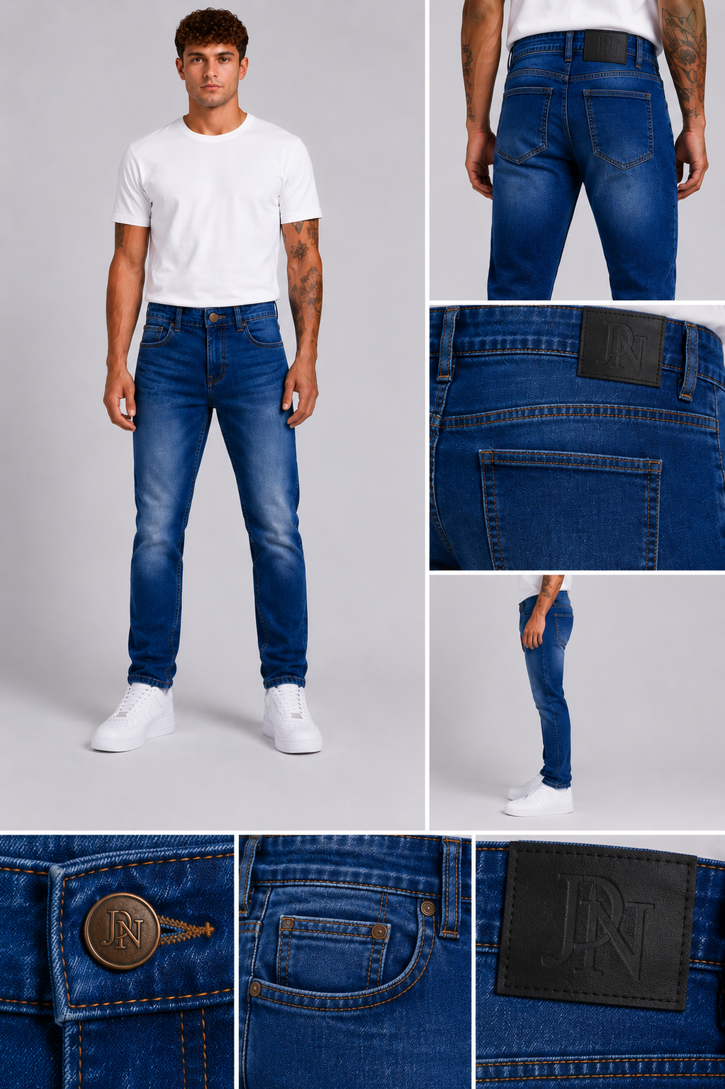 Men's JDN branded slim fit jeans in mid wash blue denim with tapered leg and five-pocket design