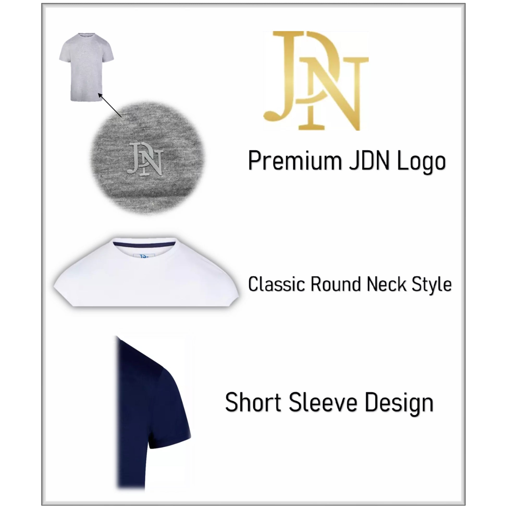 Men's JDN branded black, white, grey and navy premium quality short sleeve crew neck cotton blend t-shirt