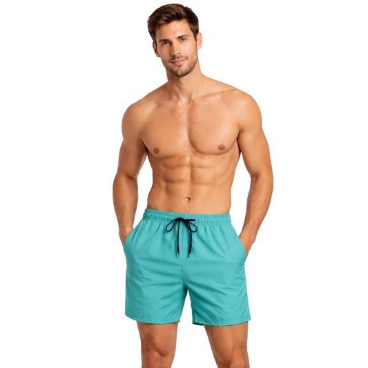 Men's plain aqua blue swim shorts – quick-dry fabric with elastic waistband and drawstring
