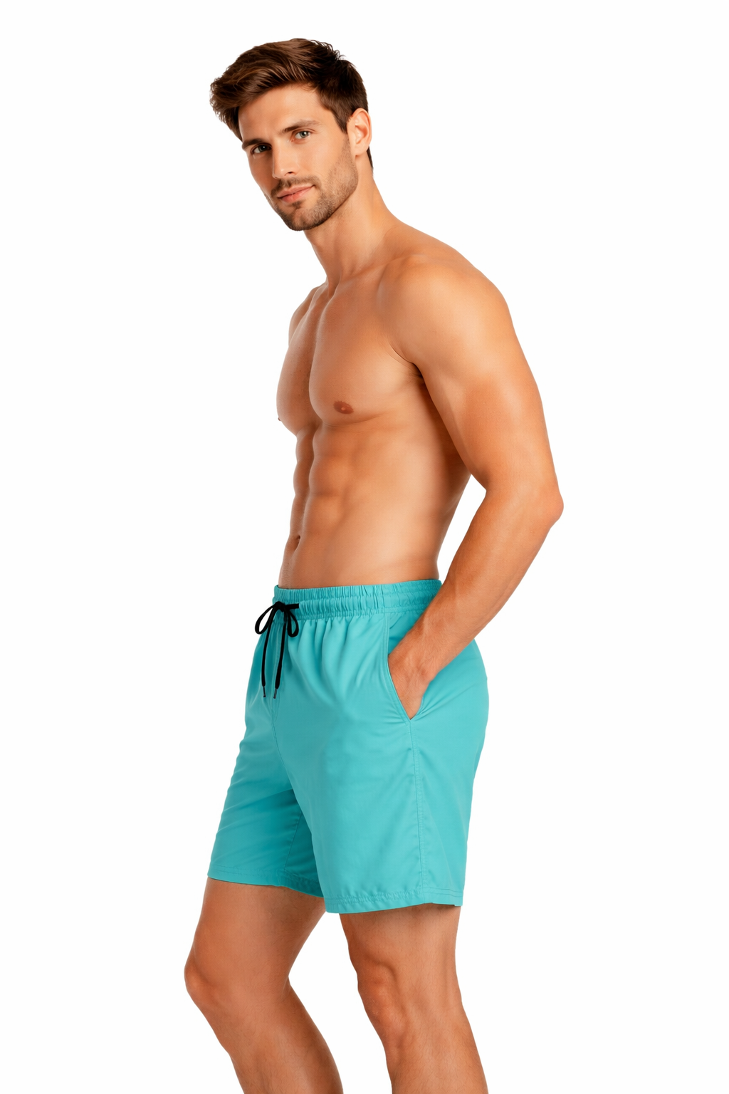 Men's plain aqua blue swim shorts – quick-dry fabric with elastic waistband and drawstring